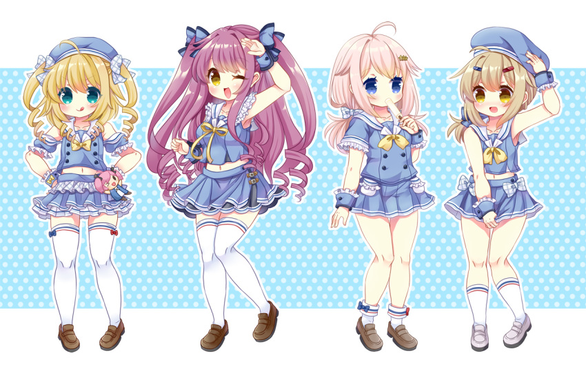 4girls ahoge alternate_costume aqua_eyes azur_lane blue_bow blue_eyes blue_headwear bobby_socks bow bow_legwear brown_footwear character_doll checkered checkered_bow craven_(azur_lane) drill_hair eating food gridley_(azur_lane) hair_bow hat long_hair low_ponytail maury_(azur_lane) mccall_(azur_lane) medium_hair multiple_girls one_eye_closed popsicle saratoga_(azur_lane) side_ponytail socks thighhighs twintails two_side_up very_long_hair white_footwear white_legwear yellow_eyes