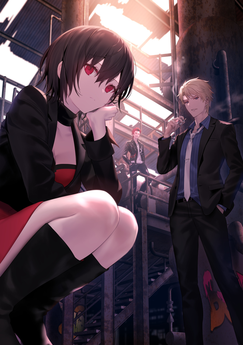 1girl 2boys black_choker black_footwear black_hair black_jacket black_pants blazer blue_eyes blue_shirt boots brown_hair cheek_rest choker cigarette closed_mouth collared_shirt commentary_request day dengeki_bunko dress expressionless graffiti hair_between_eyes hand_in_pocket hand_up highres holding indoors jacket knee_boots long_sleeves looking_at_viewer mad_bullet_underground multicolored_hair multiple_boys necktie official_art pants parted_lips red_dress red_eyes red_hair shinooji shirt short_hair sidelocks squatting stairs standing striped striped_shirt sunlight two-tone_hair warehouse white_neckwear wing_collar