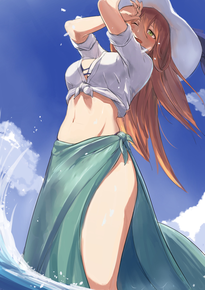 1girl :d alternate_costume animal_ears arms_up bangs bikini blue_sarong blue_sky blush breasts brown_hair day eyebrows_visible_through_hair girls_frontline green_eyes hair_between_eyes hair_rings hat hat_ribbon highres large_breasts long_hair looking_at_viewer m1903_springfield_(girls_frontline) midriff navel one_eye_closed open_mouth outdoors ribbon sanderson sarong shirt sidelocks sky sleeves_folded_up smile solo splashing stomach sun_hat swimsuit thighs tied_shirt wading white_bikini white_headwear white_shirt