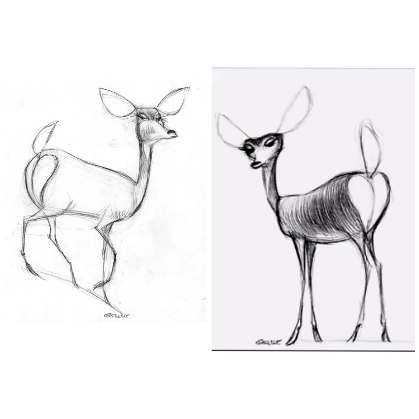 1:1 abstract_background bedroom_eyes big_butt blue_eyes butt cervid concept_art female feral giselle grin half-closed_eyes hi_res hooves looking_at_viewer looking_back mammal markings open_season presenting presenting_hindquarters rear_view seductive side_by_side sketch smile