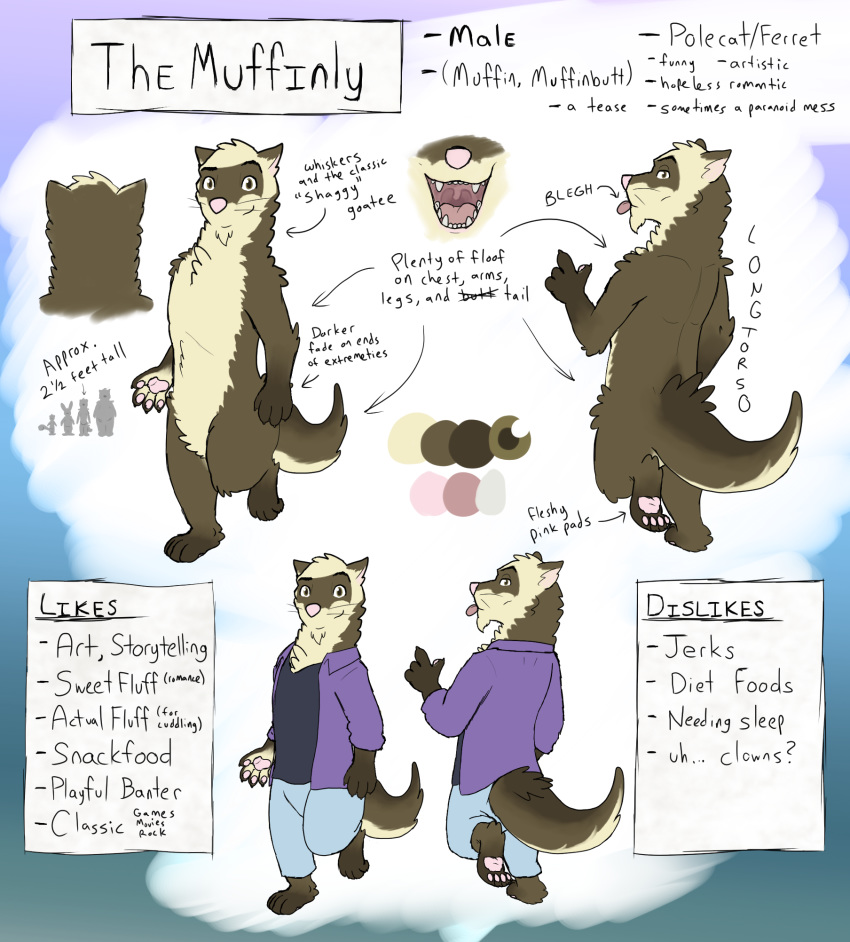 2019 anthro clothing common_ferret digital_media_(artwork) english_text fur hi_res male mammal model_sheet mustela mustelid musteline nude smile text themuffinly tongue tongue_out