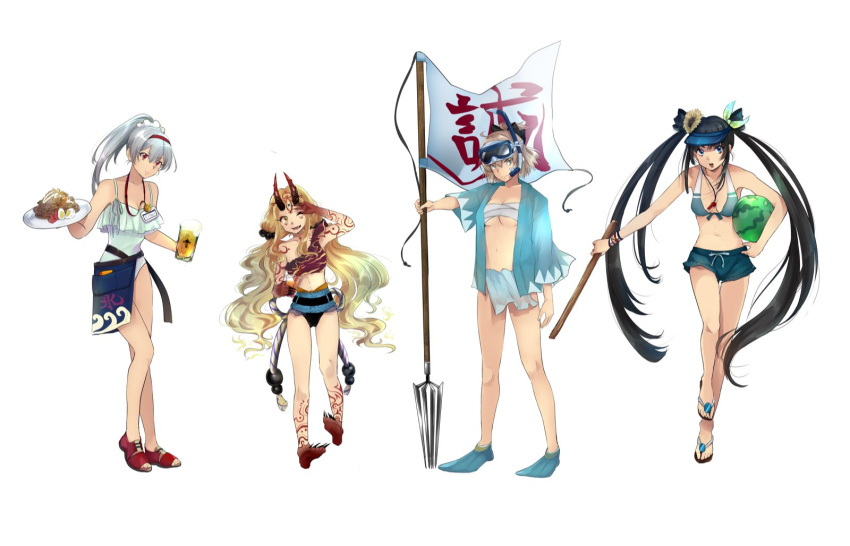 4girls :o alcohol asymmetrical_bikini barefoot bechoru02 beer beer_mug bikini bikini_top black_hair blonde_hair blue_eyes blue_shirt bokken bracelet breasts claws cleavage collarbone commentary_request cup diving_mask_on_head fate/grand_order fate_(series) flag flippers flower food fruit fundoshi hair_between_eyes hair_flower hair_ornament hair_ribbon hair_scrunchie hairband highres holding holding_cup holding_food holding_fruit holding_plate holding_weapon ibaraki_douji_(fate/grand_order) japanese_clothes jewelry long_hair looking_at_viewer low_twintails medium_breasts midriff multiple_girls name_tag navel okita_souji_(fate) okita_souji_(fate)_(all) one_eye_closed oni oni_horns open_clothes open_shirt plate polearm ponytail red_eyes red_footwear red_hairband ribbon sandals sarashi scrunchie shirt short_shorts shorts silver_hair simple_background snorkel spaghetti_strap sunflower_hair_ornament swimsuit sword tattoo tomoe_gozen_(fate/grand_order) trident twintails ushiwakamaru_(fate/grand_order) very_long_hair watermelon weapon whistle whistle_around_neck white_background white_scrunchie wooden_sword