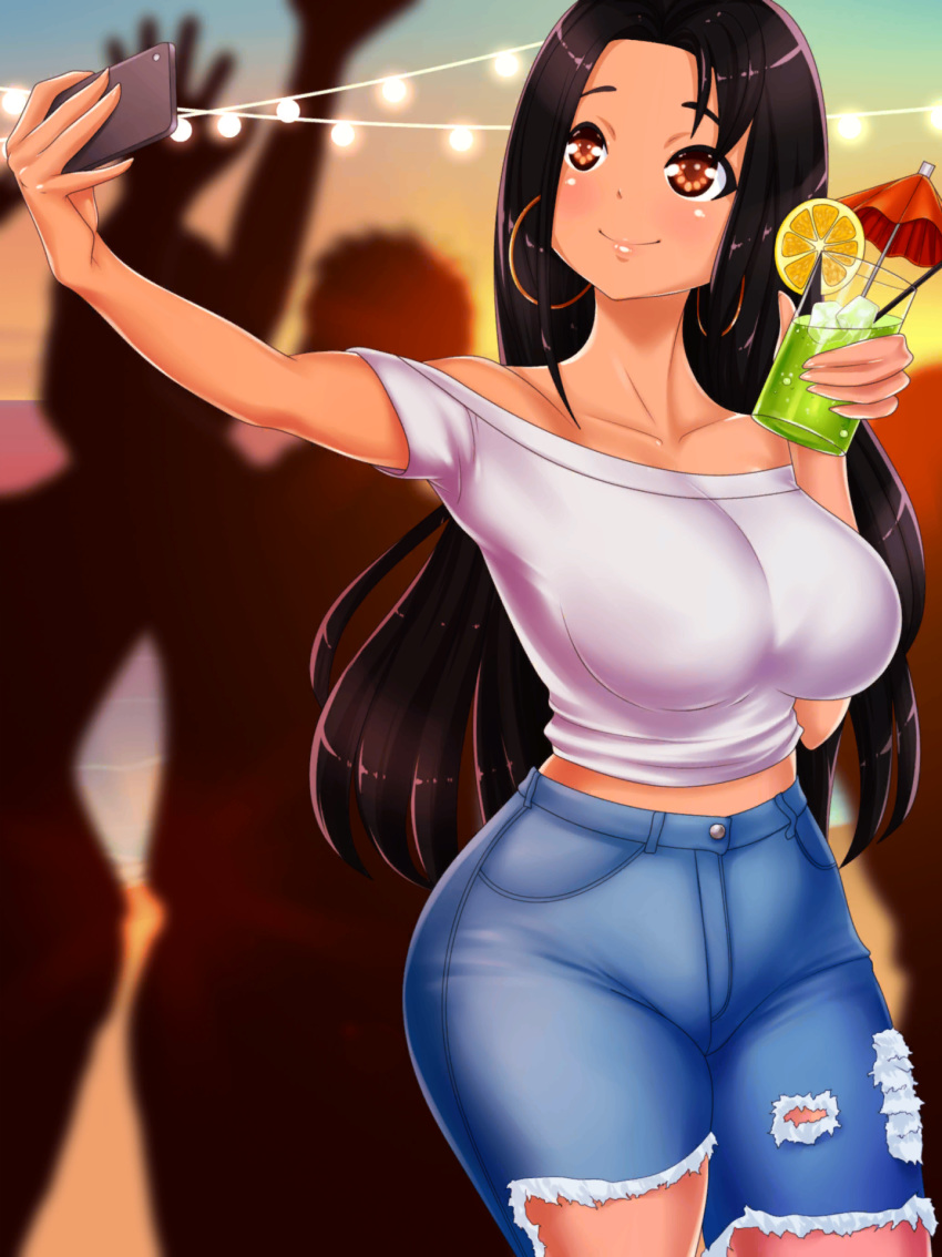 1girl arms_up artist_request beach black_hair blue_pants breasts brown_eyes catarina_(date_crush_stories) copyright_request cup dancing dark_skin date_crush_stories denim earrings game_cg glass green_drink highres holding holding_cup holding_drink holes hoop_earrings ice ice_cube jeans jewelry large_breasts long_hair looking_at_phone mini_umbrella ocean off_shoulder open_eyes outdoors pants party phone self_shot shirt sitting smile standing sunset white_shirt