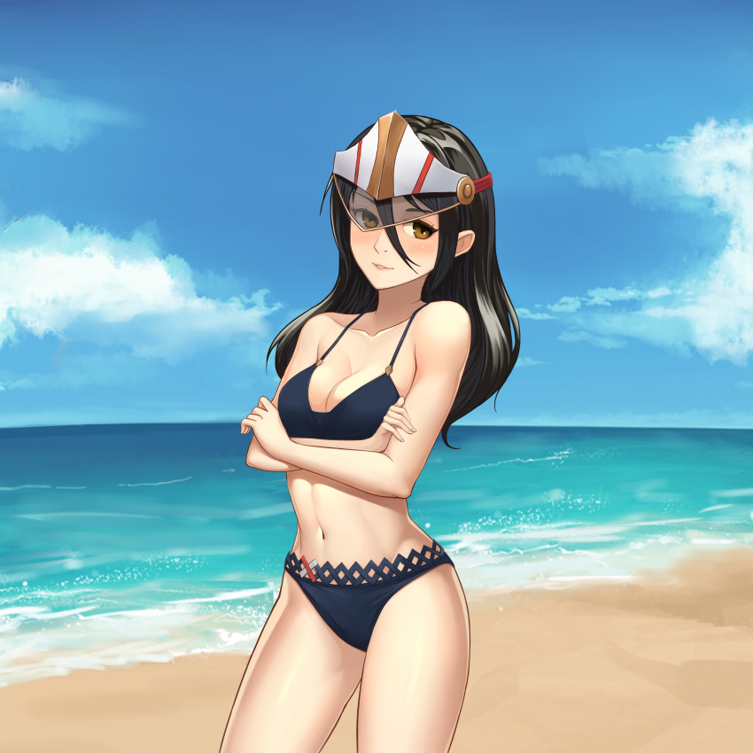 1girl absurdres breasts collarbone dakkalot gloves hat highres long_hair looking_at_viewer meleph_(xenoblade) military military_hat nintendo short_hair simple_background smile solo swimsuit uniform xenoblade_(series) xenoblade_2