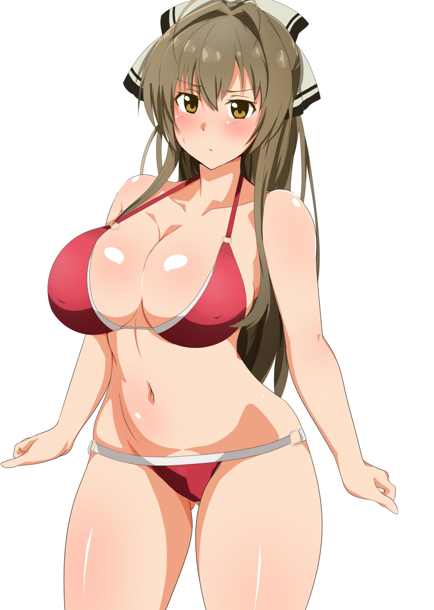 1girl absurdres amagi_brilliant_park ass_visible_through_thighs bangs bare_shoulders bikini bow breasts brown_eyes cleavage cowboy_shot eyebrows_visible_through_hair hair_between_eyes hair_bow highres large_breasts legs_apart light_brown_hair long_hair navel o-ring o-ring_bikini red_bikini seihekiog sento_isuzu shiny shiny_hair shiny_skin simple_background solo standing swimsuit thighs two-tone_bow white_background