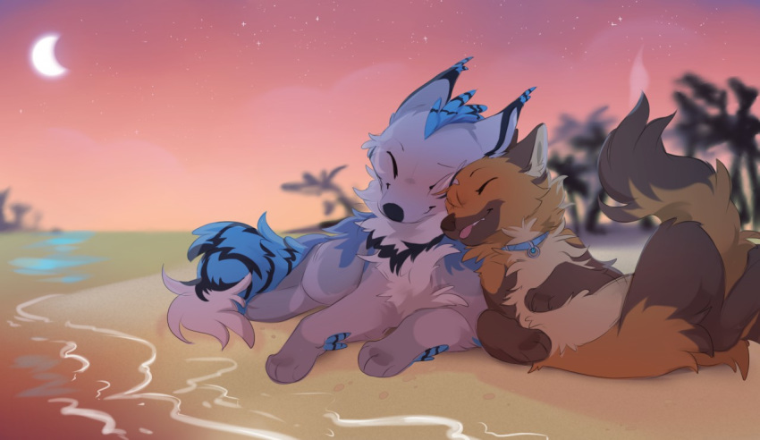 209 ambiguous_gender beach brown_fur canid canine canis collar coyote detailed_background digital_media_(artwork) domestic_dog duo eyes_closed feral fur grey_fur lying mammal moon night on_back outside same seaside shore shuryashish sky smile star starry_sky water