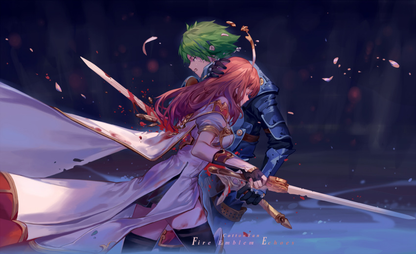 1boy 1girl alm_(fire_emblem) armor artist_name blood blood_on_face bloody_clothes cape celica_(fire_emblem) closed_eyes cotton fingerless_gloves fire_emblem fire_emblem_echoes:_shadows_of_valentia gauntlets gloves green_hair headband highres holding holding_sword holding_weapon impaled injury long_hair red_hair shoulder_armor spoilers stabbed stabbing sword tears tiara weapon