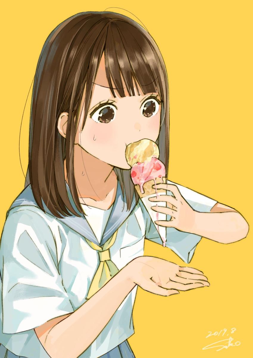 1girl absurdres brown_eyes brown_hair commentary_request dated dripping eating food highres holding holding_food ice_cream long_hair looking_down neckerchief original pleated_skirt sailor_collar sako_(user_ndpz5754) school_uniform serafuku shirt short_sleeves sidelocks signature simple_background skirt solo sweat upper_body v-shaped_eyebrows white_shirt yellow_background