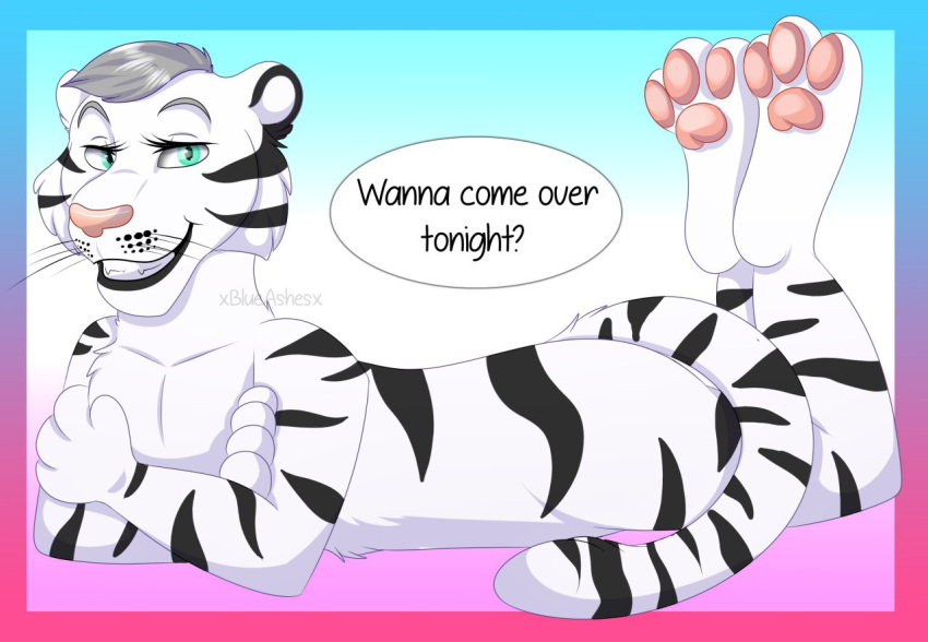 anthro cel_shading feet felid feline flirting ki lying male mammal pantherine paws seductive solo tiger toes xblueashesx