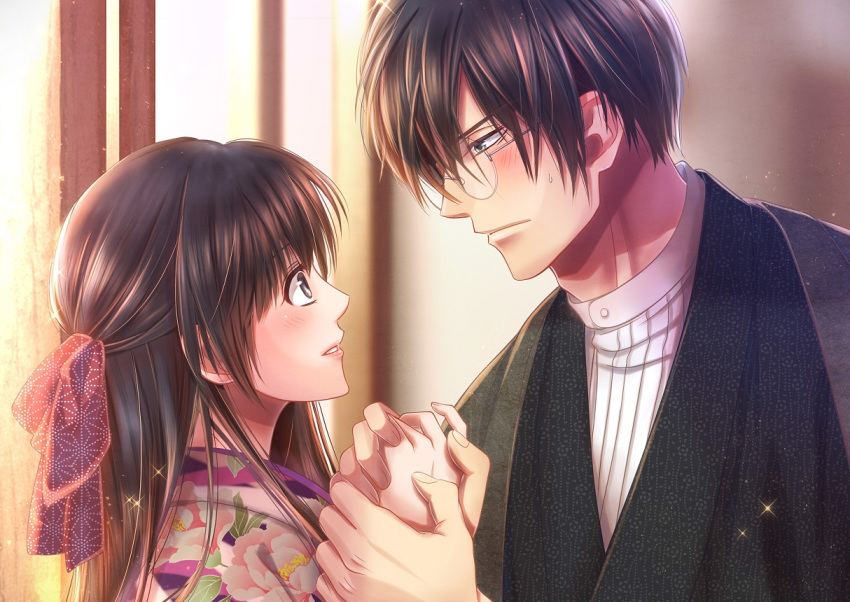 1boy 1girl black_hair blush brown_hair eye_contact floral_print glasses grey_eyes hands_up hetero holding_hands indoors izumi_(stardustalone) japanese_clothes kimono long_hair looking_at_another original profile renri_no_chigiri_wo_kimi_to_shiru shosei sweatdrop upper_body very_long_hair