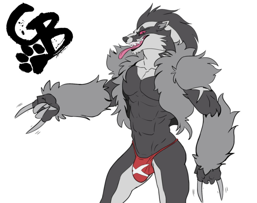 2019 5_fingers abs anthro anthrofied barely_visible_genitalia barely_visible_penis big_bulge biped black_ears black_fur black_mane black_nose black_sclera bulge cheek_tuft claws clothed clothing collarbone devil_horns_(gesture) digital_drawing_(artwork) digital_media_(artwork) dipstick_ears eyebrows fingers footprint fur fur_tuft gesture goldeyboi grey_claws grey_fur grey_penis half-length_portrait hi_res long_claws looking_at_viewer male mammal mane motion_lines multicolored_ears multicolored_fur muscular muscular_male mustelid navel nintendo obstagoon open_mouth open_smile pawprint pecs penis penis_base pink_eyes pink_tongue pok&eacute;mon pok&eacute;mon_(species) pok&eacute;morph portrait prick_ears pseudo_clothing red_clothing sharp_teeth shoulder_tuft simple_background skimpy slit_pupils smile smirk smug snout solo standing teeth thong tongue tongue_out topless tuft two_tone_ears two_tone_fur video_games watermark white_background white_ears white_fur