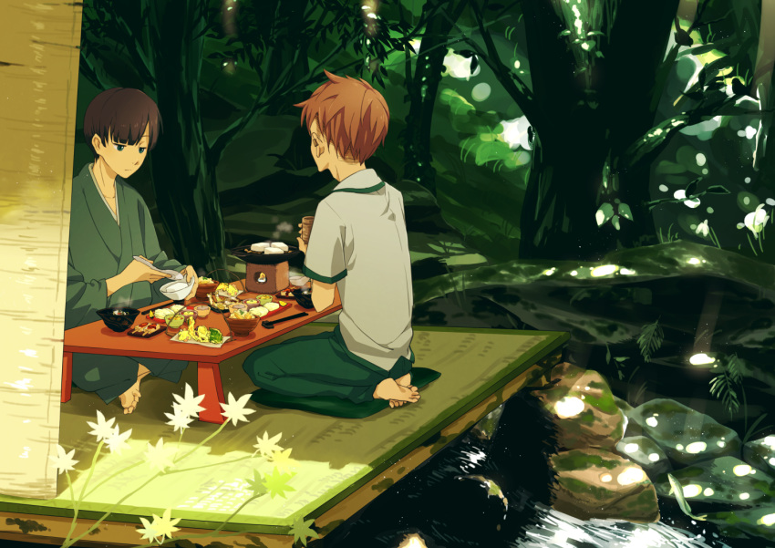 all_male brown_hair food green_eyes japanese_clothes male original short_hair tree twin-mix