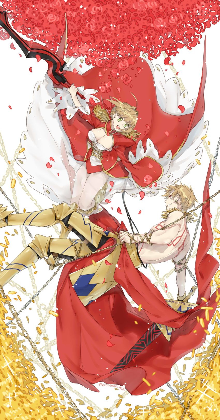 1boy 1girl 88_(einnimnech) absurdres blonde_hair chain enkidu_(weapon) fate/extra fate/grand_order fate_(series) full_body gilgamesh green_eyes highres looking_at_another nero_claudius_(fate) nero_claudius_(fate)_(all) open_mouth red_eyes smile