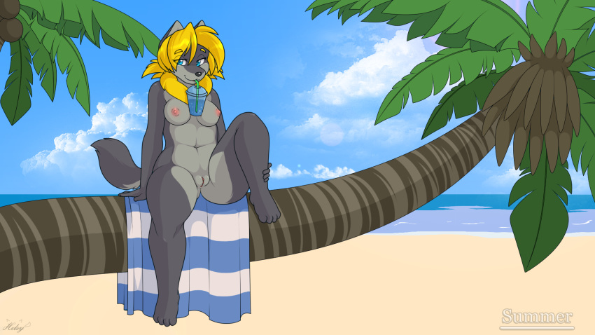 16:9 anthro beach breasts canid canine canis female hands-free_bubble_tea helsy hi_res lafille looking_at_viewer mammal meme nipples nude outside palm_tree pussy seaside sitting smile solo towel tree wolf