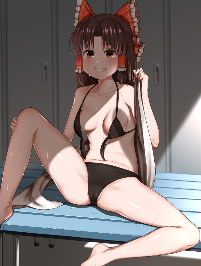 1girl absurdres bangs bare_arms bare_legs bare_shoulders barefoot bench benikurage bikini black_bikini black_hair blush bow breasts brown_eyes cameltoe collarbone commentary cookie_(touhou) eyebrows_visible_through_hair feet_out_of_frame frilled_bow frills front-tie_bikini front-tie_top grin hair_bow hair_tubes hakurei_reimu hand_up highres holding holding_towel indoors knees_up locker locker_room long_hair looking_at_viewer navel red_bow shadow sidelocks sinzen sitting small_breasts smile solo spread_legs stomach sweat swimsuit thighs touhou towel untied untied_bikini