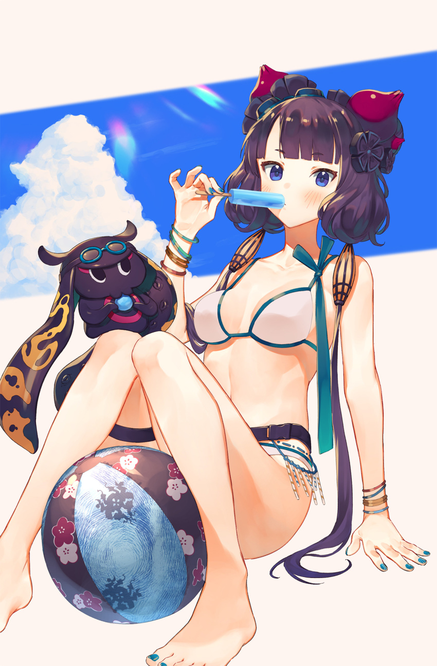 1girl arm_support ass ball bangle bare_shoulders barefoot beachball belt bikini blue_eyes blue_nails bracelet breasts breasts_apart cloud collarbone commentary_request creature fate/grand_order fate_(series) food hair_ornament hand_up highres holding holding_food jewelry katsushika_hokusai_(fate/grand_order) knees_up kotoribako long_hair looking_at_viewer medium_breasts nail_polish navel popsicle purple_hair sitting swimsuit thigh_strap tokitarou_(fate/grand_order) very_long_hair white_bikini