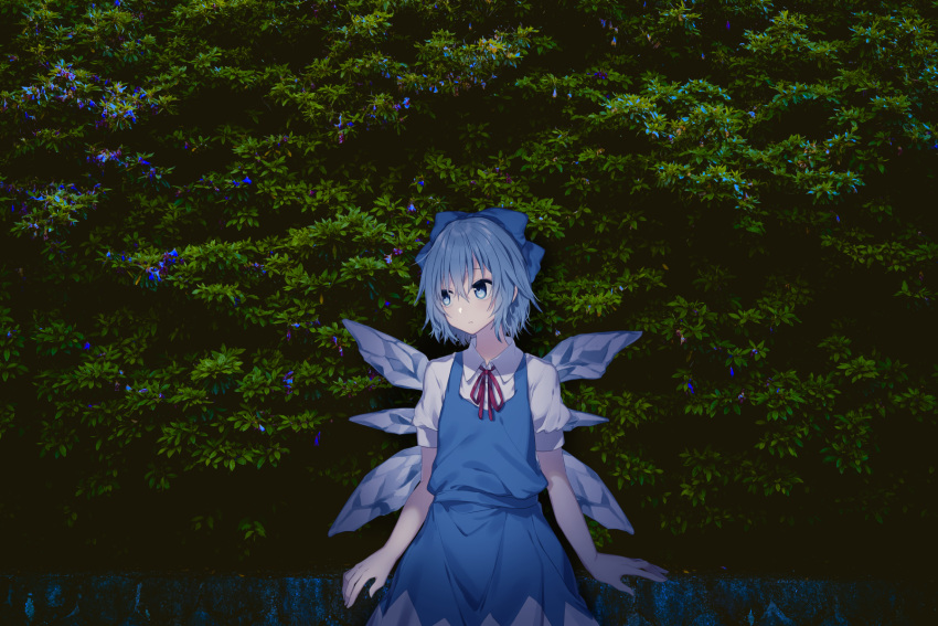 1girl bangs blue_bow blue_dress blue_eyes blue_flower blue_hair bow cirno closed_mouth collared_shirt commentary_request dress eyebrows_visible_through_hair flower hair_between_eyes hair_bow highres ice ice_wings looking_away looking_to_the_side minamiya_mia neck_ribbon puffy_short_sleeves puffy_sleeves red_ribbon ribbon shirt short_sleeves sleeveless sleeveless_dress solo touhou white_shirt wings