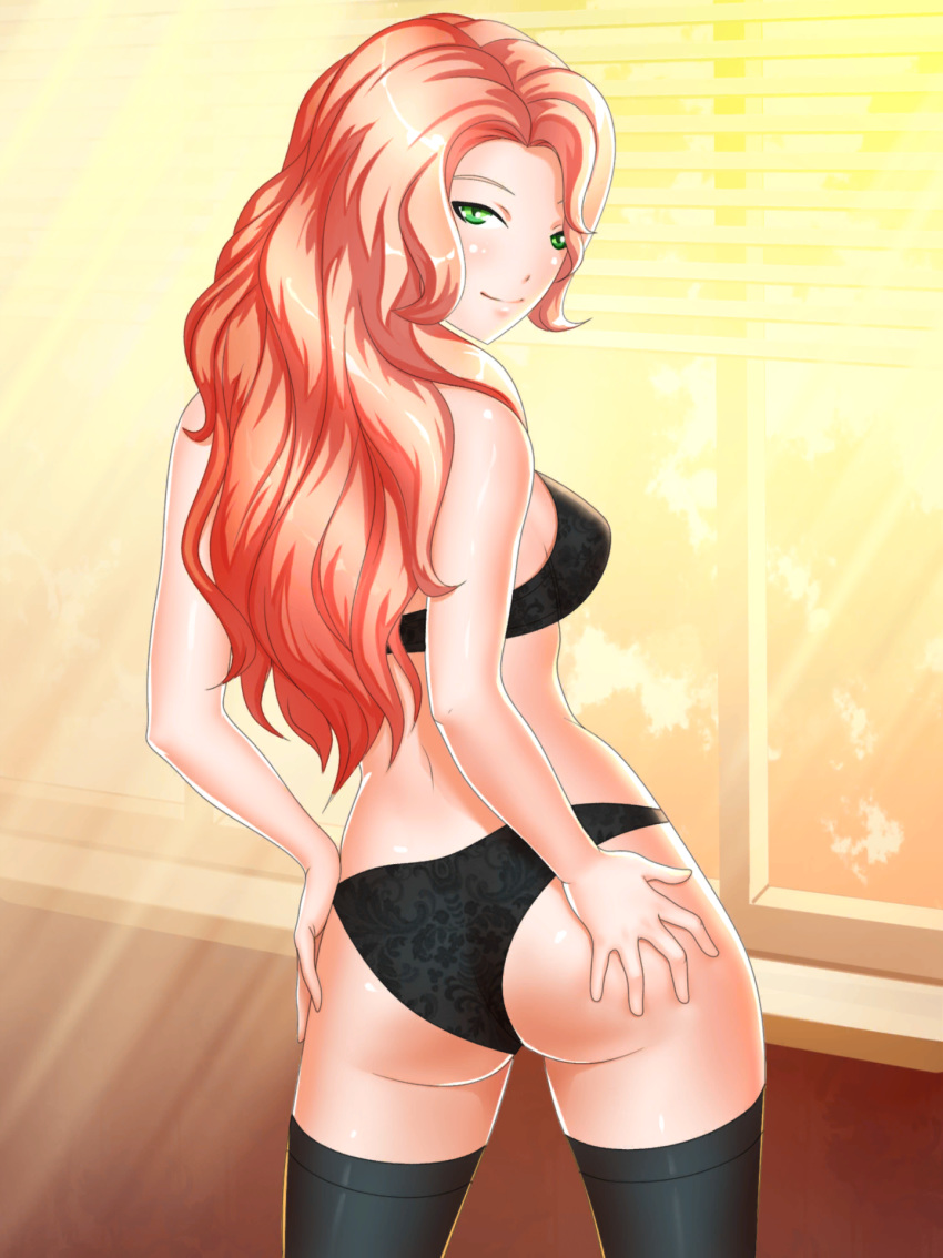1girl artist_request ass ass_grab bare_shoulders black_bra black_legwear black_panties blonde_hair bra breasts building cleavage closed_mouth cowboy_shot date_crush_stories evening from_behind game_cg grabbing_own_ass green_eyes highres indoors kayla_(date_crush_stories) light_rays lingerie long_hair looking_at_viewer looking_back midriff navel orange_sky panties pantyhose patterned_clothing sky smile solo standing sunbeam sunlight sunset thighhighs underwear underwear_only window