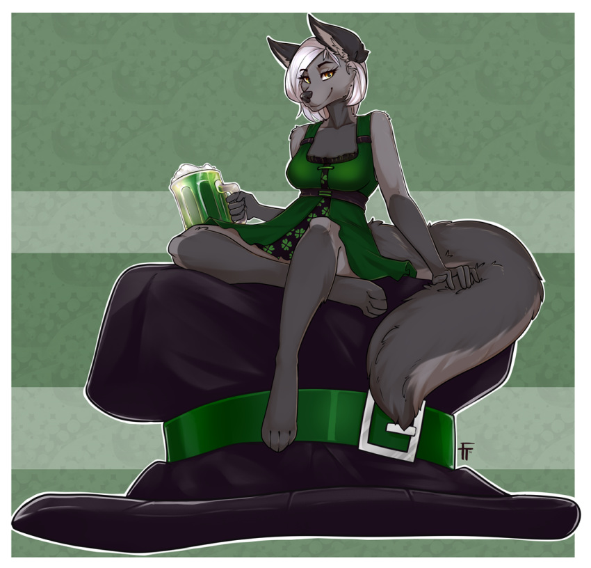 2019 4_toes 5_fingers alcohol amber_eyes anthro beer beer_mug beverage canid canine canis cheek_tuft clothing collarbone dress eyebrows eyelashes female fingers firetally fur gloves_(marking) green_clothing green_dress grey_fur grey_nose hair hat headgear headwear holding_object holidays inner_ear_fluff leg_markings looking_at_viewer mammal markings rins_(elader) sitting smile socks_(marking) solo st._patrick's_day toes tuft white_hair wolf