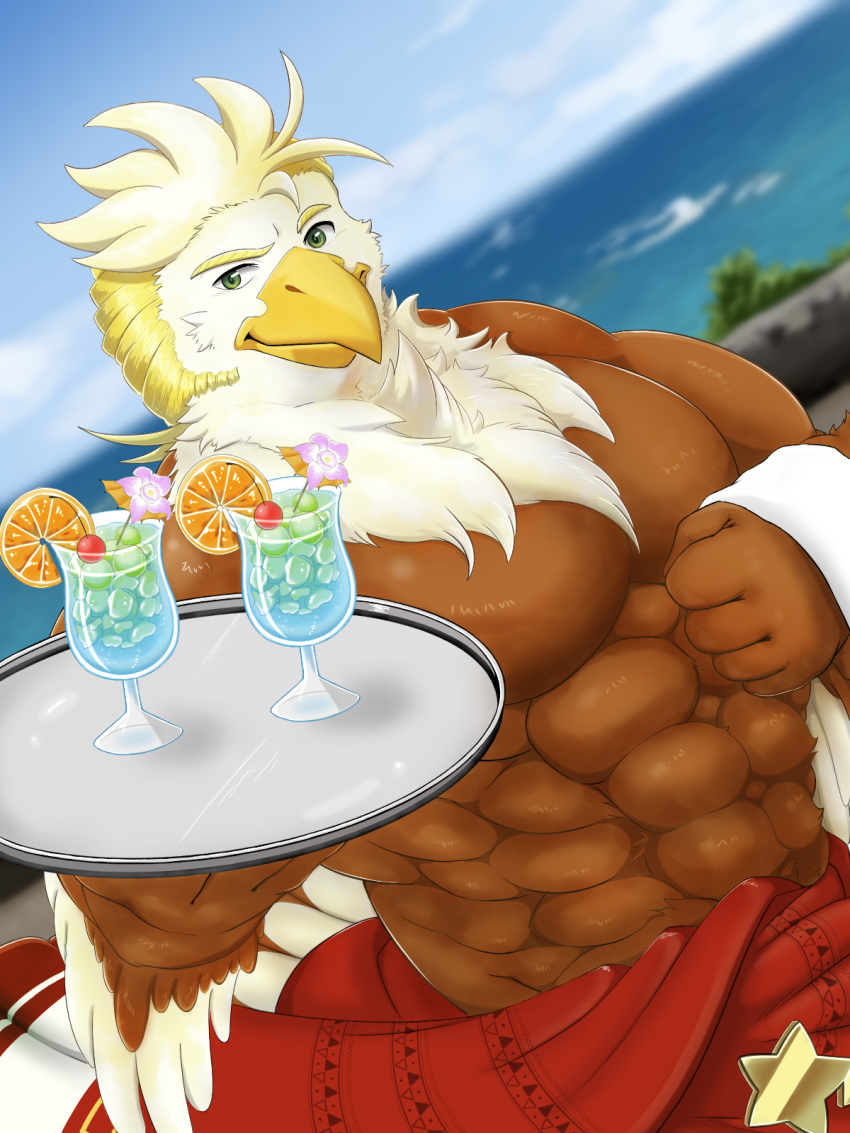 2019 5_fingers abs accipitrid accipitriform anthro avian beak bird blonde_hair bottomwear brown_feathers clothed clothing drinks eagle feathers fingers green_eyes hair hi_res humanoid_hands jinku_56 male multicolored_feathers muscular muscular_male outside pecs solo thunderbird_(tas) tokyo_afterschool_summoners topless two_tone_feathers video_games white_feathers