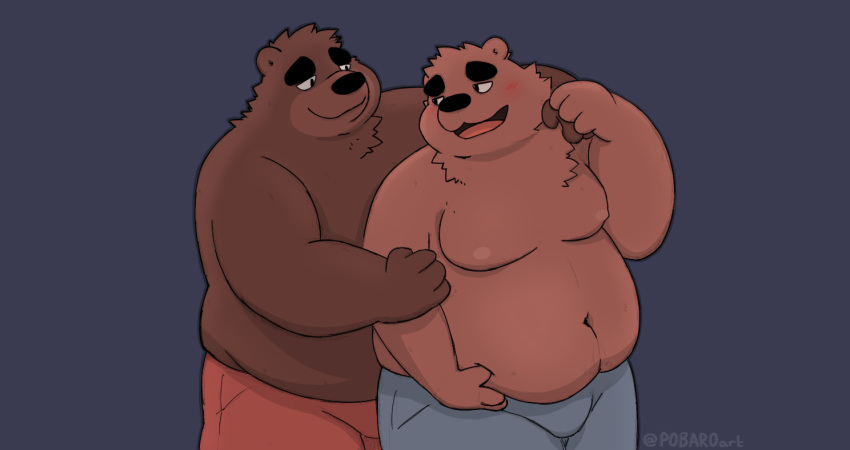anthro belly black_nose blush bottomwear brown_bear clothed clothing duo english_text eyebrows kemono male mammal moobs navel nipples overweight overweight_male pants pobaro simple_background softscone text thick_eyebrows ursid ursine