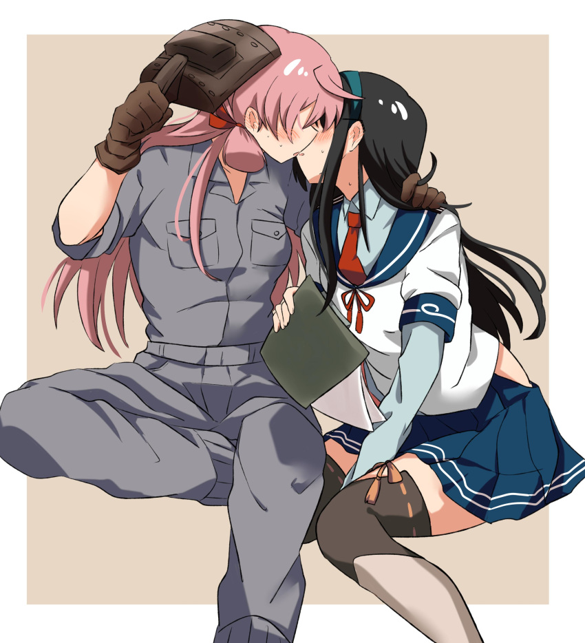 2girls absurdres akashi_(kantai_collection) black_hair blue_sailor_collar blue_skirt border brown_gloves clipboard commentary_request feet_out_of_frame gloves grey_jumpsuit hair_ribbon hairband highres hip_vent kantai_collection kiss long_hair long_sleeves miiii multiple_girls necktie ooyodo_(kantai_collection) pink_background pink_hair pleated_skirt red_neckwear ribbon sailor_collar school_uniform serafuku sitting skirt thighhighs tress_ribbon two-tone_background welding_mask white_border yuri