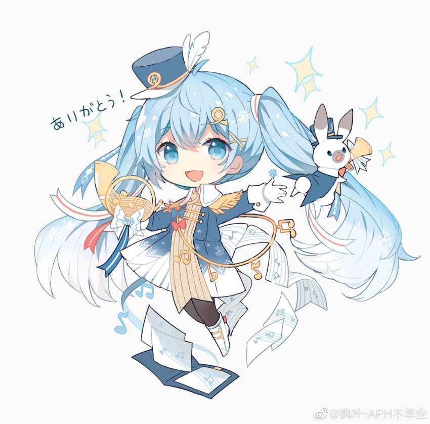 1girl band_uniform beamed_eighth_notes blue_eyes blue_hair boots bunny chibi collar eighth_note epaulettes folder french_horn fringe_trim hair_ornament hair_ribbon hairclip hat hat_feather hatsune_miku holding holding_instrument horn_(instrument) instrument long_hair looking_at_viewer maple_(57675110) mini_hat mini_top_hat musical_note open_mouth quarter_note ribbon sheet_music smile snowflake_print snowflakes sparkle thighhighs top_hat translated twintails uniform very_long_hair vocaloid white_collar yuki_miku yuki_miku_(2020) yukine_(vocaloid)