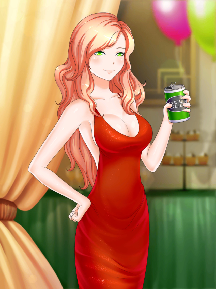 1girl alcohol artist_request backless_dress backless_outfit balloon bare_back bare_shoulders beer beer_can blonde_hair breasts can cleavage closed_mouth collarbone cowboy_shot cupcake curtains date_crush_stories dress food game_cg green_eyes half-closed_eyes highres holding kayla_(date_crush_stories) long_hair looking_at_viewer no_bra party red_dress sleeveless sleeveless_dress smile solo standing table