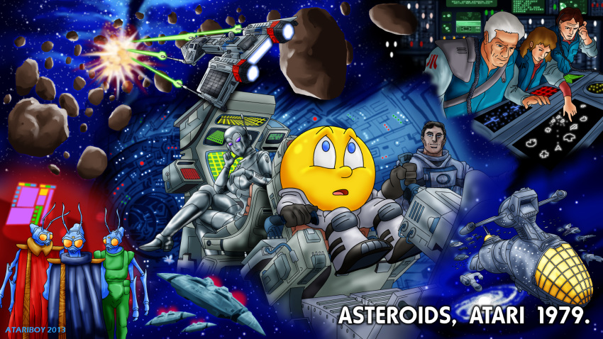 16:9 alien arthropod asteroid asteroids_(video_game) atariboy2600 blue_eyes crossover cynthia_(asteroids) hi_res human insect john_strohmeyer laser machine mammal not_furry_focus pac-man pac-man_(series) robot space spacecraft vehicle video_games yellow_skin