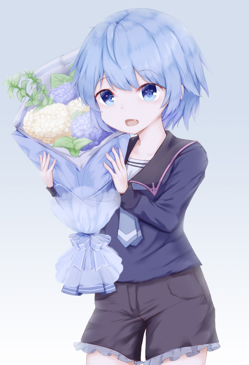 1girl arms_up bangs black_sailor_collar black_shorts blue_background blue_eyes blue_hair blue_neckwear blue_serafuku bouquet contrapposto cowboy_shot eyebrows_visible_through_hair fang flower frilled_shorts frills gradient gradient_background highres holding holding_bouquet hydrangea kantai_collection logiclr long_sleeves looking_at_viewer minazuki_(kantai_collection) necktie open_mouth sailor_collar shirt short_hair shorts solo standing white_shirt