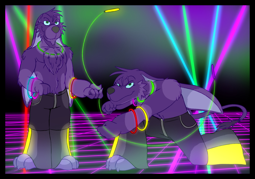 2019 3_toes 4_fingers anthro barefoot bedroom_eyes biped chest_tuft claws clothed clothing delvin_(character) digital_media_(artwork) elbow_tufts fingers floppy_ears fur glowing glowstick half-closed_eyes hi_res looking_at_viewer male mammal purple_fur rave rave_pants seductive simple_background smile solo toe_claws toes tuft x231_(artist)