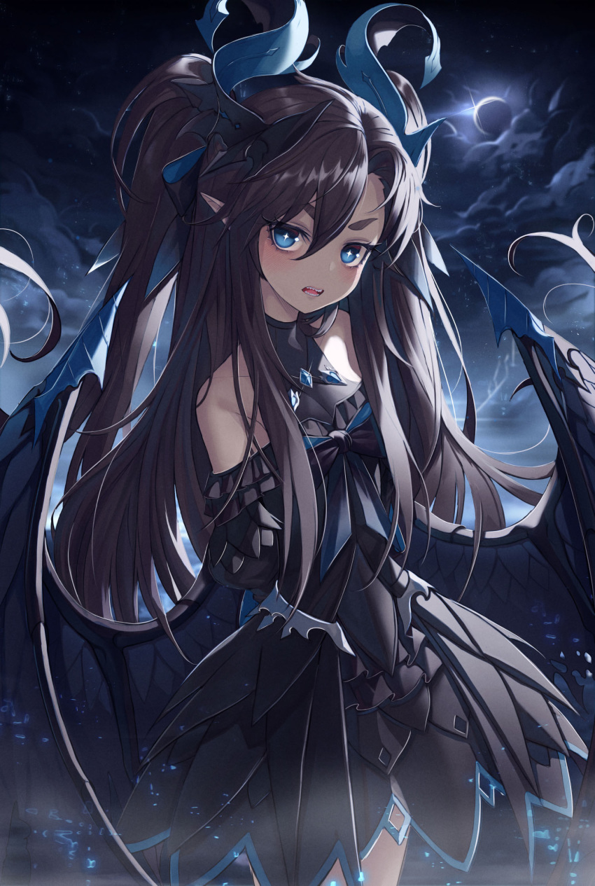 1girl arms_behind_back bangs bare_shoulders black_dress black_sky black_wings blue_eyes blush breasts cloud cowboy_shot crescent_moon curled_horns diamond-shaped_pupils dragon_girl dragon_horns dragon_tail dragon_wings dress eyebrows_visible_through_hair highres horns jewelry long_hair looking_at_viewer monster_girl moon necklace night okazu_(eightstudio) open_mouth original outdoors pointy_ears sapphire_(gemstone) sharp_teeth short_eyebrows sidelocks small_breasts solo symbol-shaped_pupils tail teeth thick_eyebrows two_side_up very_long_hair wings