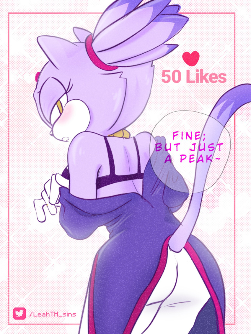 &lt;3 bedroom_eyes black_bra blaze_the_cat bra clothing domestic_cat felid feline felis female fur half-closed_eyes hi_res long_tail lthsins mammal purple_fur seductive sonic_(series) speech_bubble underwear undressing white_fur yellow_eyes