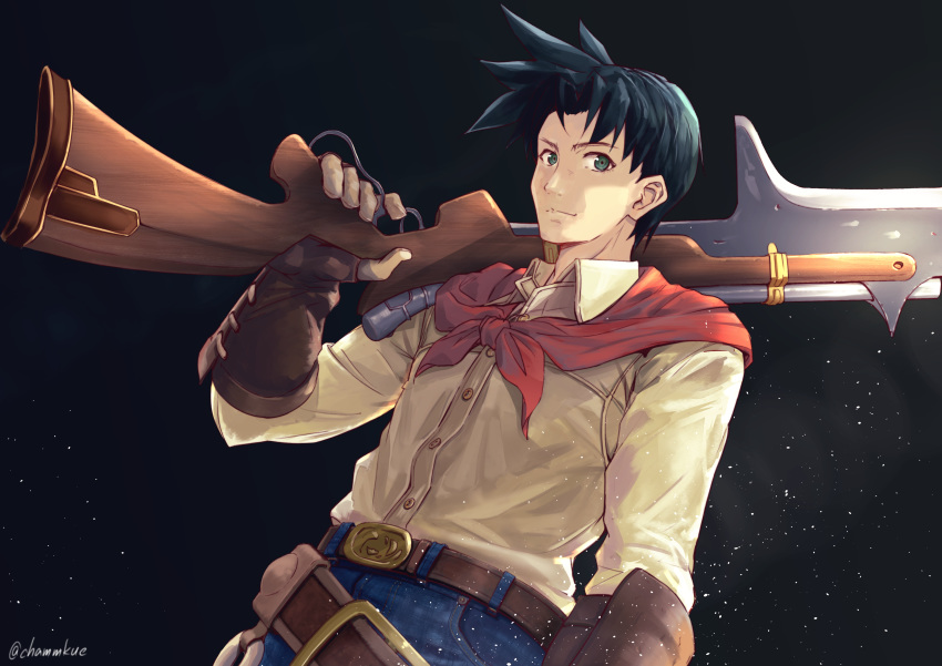 1boy absurdres ashley_winchester bangs bayonet belt black_background blue_eyes blue_hair brown_gloves chamu_(chammkue) closed_mouth gloves highres looking_at_viewer male_focus over_shoulder parted_bangs red_scarf scarf shirt simple_background smile solo spiked_hair upper_body weapon weapon_over_shoulder white_shirt wild_arms wild_arms_2