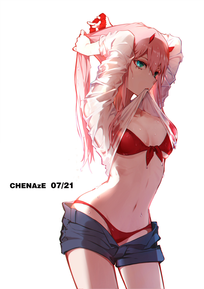 1girl aqua_eyes arms_up artist_name bangs bikini bikini_under_clothes breasts chenaze57 contrapposto cowboy_shot darling_in_the_franxx front-tie_bikini front-tie_top grey_shorts hair_between_eyes hair_ornament hair_scrunchie hairdressing highres horns large_breasts lifted_by_self long_hair long_sleeves looking_at_viewer mouth_hold navel open_clothes open_fly open_shorts pink_hair red_bikini red_ribbon ribbon scrunchie see-through shirt shirt_lift short_shorts shorts solo stomach swimsuit tying_hair very_long_hair water_drop wet wet_clothes wet_shirt white_shirt zero_two_(darling_in_the_franxx)