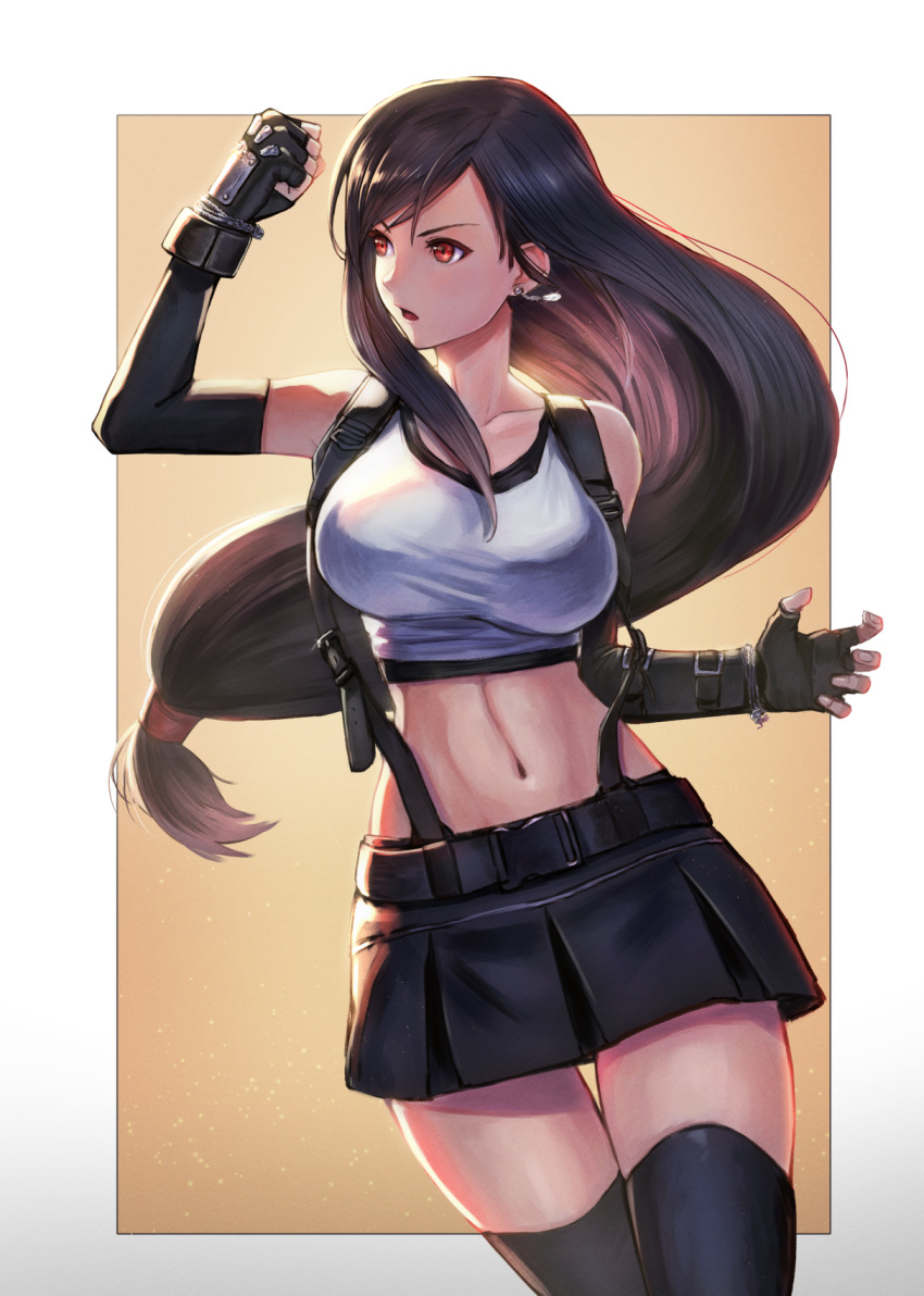 1girl bare_shoulders black_skirt breasts brown_hair commentary_request cowboy_shot earrings elbow_gloves final_fantasy final_fantasy_vii final_fantasy_vii_remake fingerless_gloves gloves highres jewelry kuroi_susumu long_hair looking_to_the_side low-tied_long_hair medium_breasts midriff navel open_mouth red_eyes revision skirt thighhighs tifa_lockhart