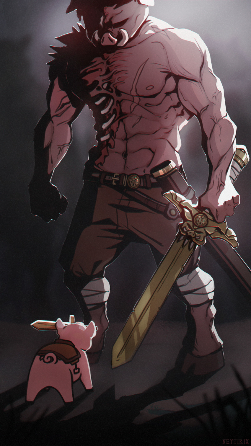 2019 4_fingers anthro clothed clothing digital_media_(artwork) domestic_pig duo feral fingers hi_res holding_object holding_sword holding_weapon hooves male mammal melee_weapon neytirix suid suina sus_(pig) sword topless weapon