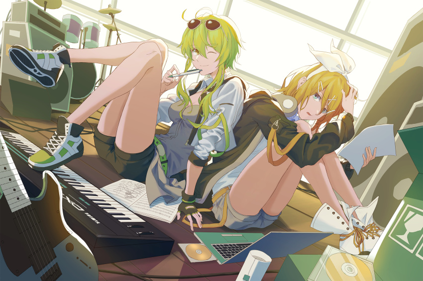 2girls belt blonde_hair blue_eyes boots bow box cd commentary_request computer cymbals drum drum_set electric_guitar eyewear_on_head fingerless_gloves full_body gloves green_eyes green_hair guitar gumi hair_bow hair_ornament hairclip headphones headphones_around_neck highres holding holding_paper holding_pen instrument jacket kagamine_rin keyboard_(instrument) knees_to_chest knees_up laptop looking_at_viewer multiple_girls one_eye_closed paper pen pen_to_chin revision shoes short_hair_with_long_locks shorts sitting smile sneakers speaker sunglasses thighs vocaloid white_bow wounds404 yamaha_dx7