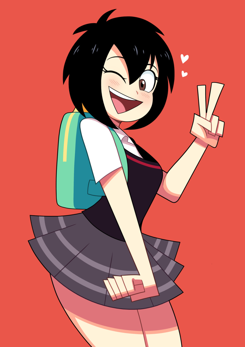 1girl backpack black_hair blush brown_eyes clothed clothing cute eyebrows eyelashes female female_focus hair happy heart japanese legs looking_at_viewer marvel one_eye_closed peni_parker school_uniform skirt smile solo solo_focus spider-man:_into_the_spider-verse spider-man_(series) teeth tongue v v_sign wink