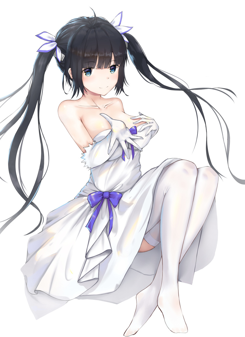 1girl absurdres bangs bare_shoulders black_hair blue_eyes blue_ribbon blunt_bangs blush breasts cleavage dress dungeon_ni_deai_wo_motomeru_no_wa_machigatteiru_darou_ka full_body gloves hestia_(danmachi) highres huijin_zhi_ling large_breasts long_hair looking_at_viewer rei_no_himo ribbon simple_background sitting smile solo thighhighs twintails white_background white_dress white_gloves white_legwear