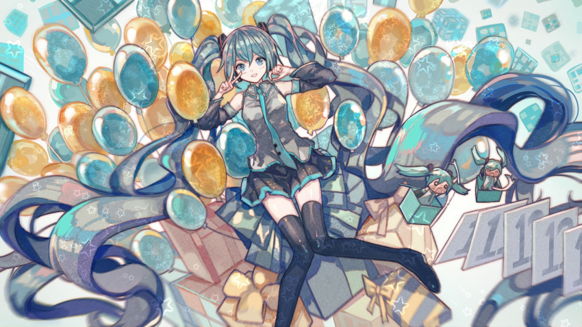 absurdly_long_hair aqua_eyes aqua_hair aqua_neckwear balloon bare_shoulders black_legwear black_skirt bow box calendar_(object) chinese_commentary commentary detached_sleeves gift gift_wrapping grey_shirt hachune_miku hair_ornament hands_up hatsune_miku highres holding_spring_onion in_box in_container knees_together_feet_apart long_hair looking_at_viewer minigirl mixed-language_commentary necktie o_o open_mouth shirt skirt sleeveless sleeveless_shirt smile solo spring_onion star thighhighs twintails v very_long_hair vocaloid wu_se_bu_hui_(940164887) zettai_ryouiki