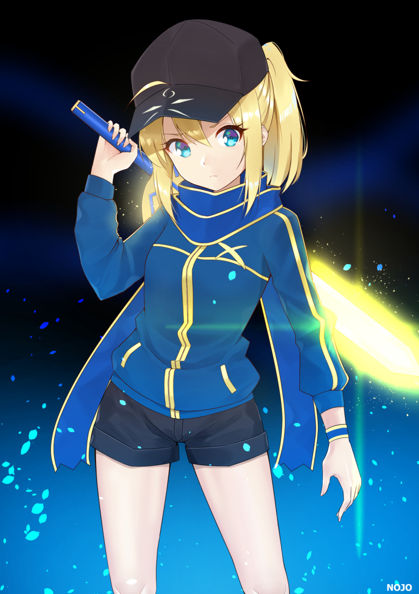 1girl 9nojo ahoge artist_name artoria_pendragon_(all) baseball_cap black_headwear blonde_hair blue_eyes blue_jacket blue_scarf breasts commentary eyebrows_visible_through_hair fate/grand_order fate_(series) hair_between_eyes hat highres holding holding_sword holding_weapon jacket long_hair long_sleeves looking_at_viewer mysterious_heroine_x pixiv_fate/grand_order_contest_2 ponytail scarf shorts sidelocks solo sword track_jacket weapon