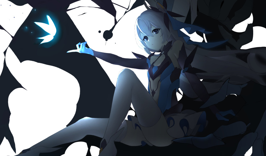 1girl absurdres animal bangs bare_shoulders black_sleeves bug butterfly character_request collarbone commentary_request detached_sleeves eyebrows_visible_through_hair glowing grey_eyes grey_hair hair_between_eyes highres honkai_(series) honkai_impact_3rd insect knee_up long_hair long_sleeves looking_at_viewer meng_ge_3_(565571710) outstretched_arm parted_lips pleated_skirt sitting skirt sleeveless solo thighhighs very_long_hair white_legwear white_skirt