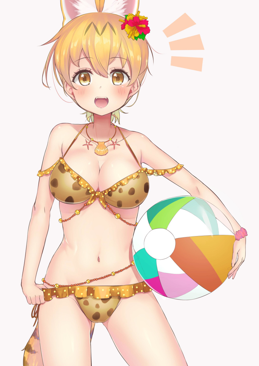 1girl :d absurdres adapted_costume alternate_hair_length alternate_hairstyle animal_ear_fluff animal_ears ball bangs bare_shoulders beachball bikini blonde_hair blush breasts cleavage collarbone cowboy_shot deku_suke extra_ears eyebrows_visible_through_hair fangs flower frilled_bikini frills hair_between_eyes hair_flower hair_ornament highres jewelry kemono_friends looking_at_viewer medium_breasts navel necklace open_mouth pink_scrunchie print_bikini scrunchie seashell_necklace serval_(kemono_friends) serval_ears serval_print serval_tail short_hair short_ponytail simple_background smile solo swimsuit tail teeth white_background wrist_scrunchie yellow_eyes