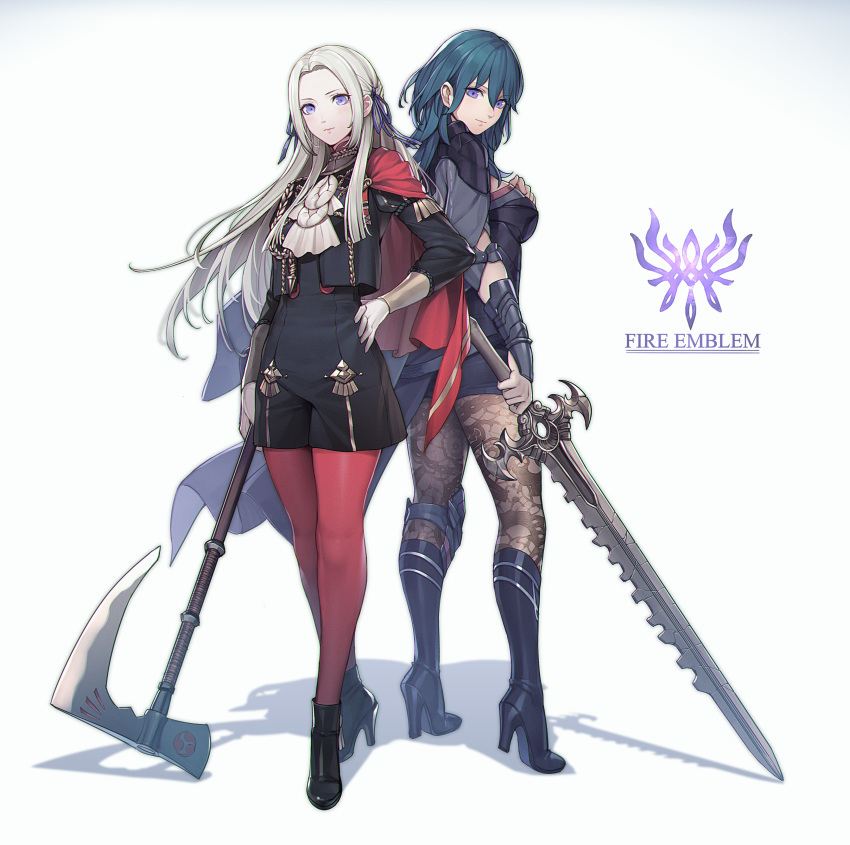 2girls absurdres ankle_boots armor ascot axe back-to-back black_footwear blue_eyes blue_hair boots breasts brown_legwear byleth_(fire_emblem)_(female) cape closed_mouth copyright_name edelgard_von_hresvelg elbow_pads fire_emblem fire_emblem:_three_houses floral_print forehead full_body gloves hair_between_eyes hair_ribbon hand_on_hip hand_on_own_chest high_heel_boots high_heels highres holding holding_sword holding_weapon knee_boots knee_pads long_hair long_sleeves looking_at_viewer looking_back medium_breasts multiple_girls pantyhose pauldrons pen_(steelleets) print_legwear purple_eyes purple_ribbon red_cape red_legwear ribbon shoulder_armor silver_hair simple_background smile standing sword vambraces weapon white_background white_gloves white_neckwear