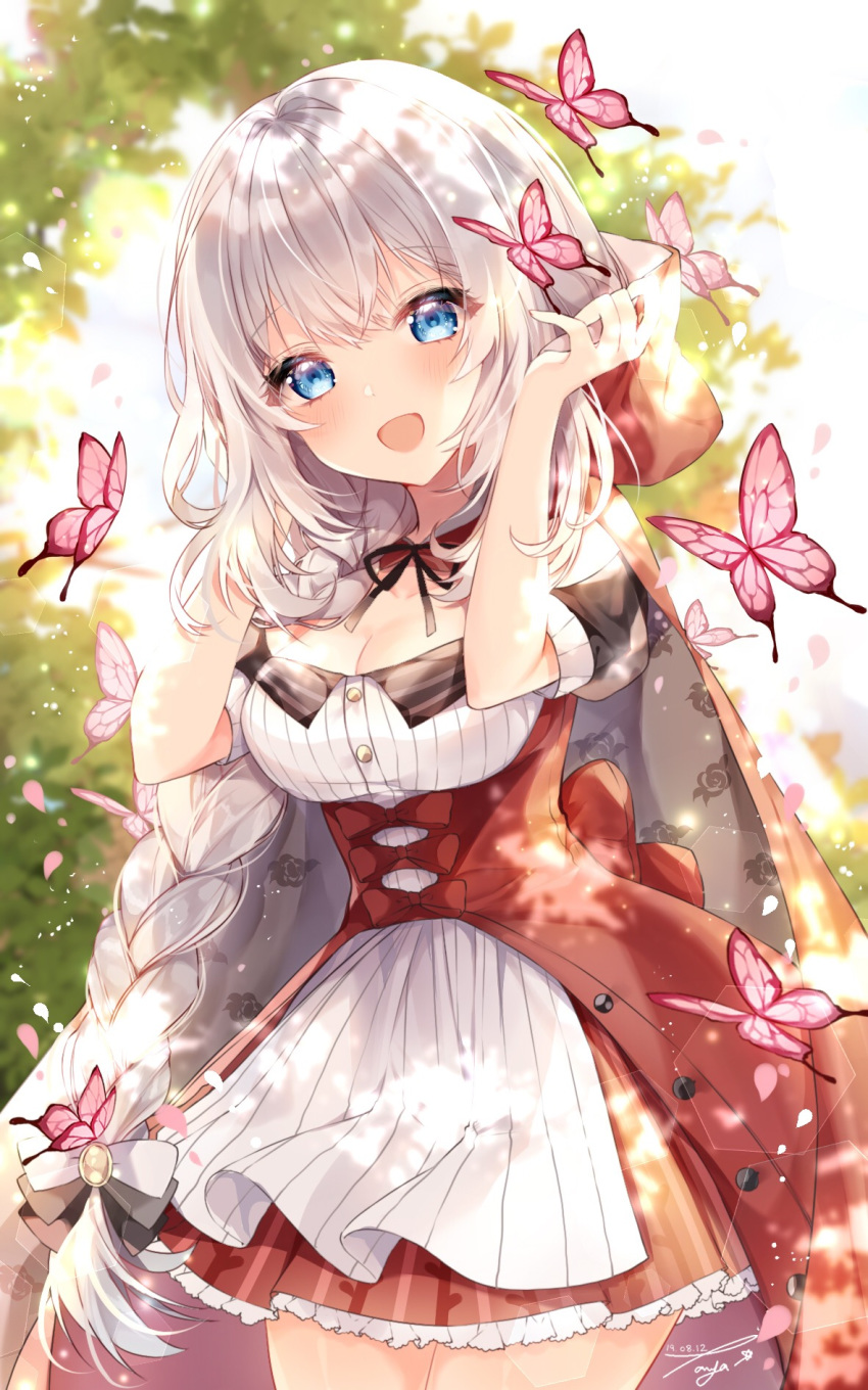 1girl :d alternate_costume animal apron arms_up back_bow bangs black_neckwear black_ribbon blue_eyes blurry blurry_background blush bow braid breasts bug butterfly cape cleavage cosplay day depth_of_field eyebrows_visible_through_hair fate/grand_order fate_(series) floral_print frilled_skirt frills hair_bow highres hood hood_down insect large_breasts lens_flare little_red_riding_hood little_red_riding_hood_(grimm) little_red_riding_hood_(grimm)_(cosplay) long_hair looking_at_viewer marie_antoinette_(fate/grand_order) miniskirt neck_ribbon open_mouth outdoors petals plaid plaid_skirt print_cape puffy_short_sleeves puffy_sleeves red_cape red_skirt ribbon rose_print short_sleeves signature single_braid skirt smile solo taya_5323203 very_long_hair white_apron