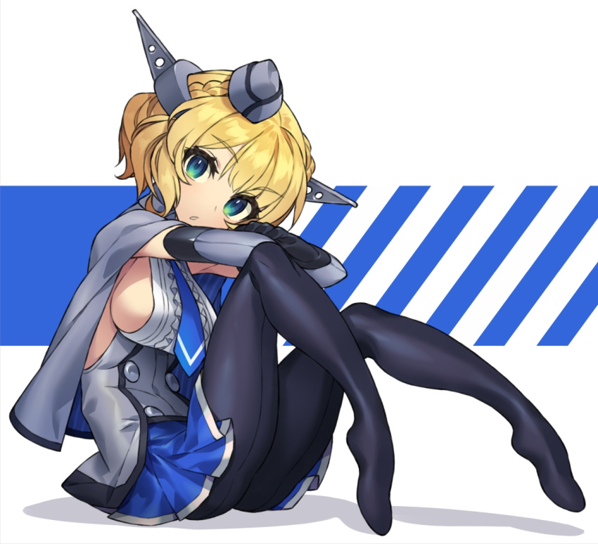 1girl black_gloves black_legwear blonde_hair blue_eyes blue_neckwear breasts capelet colorado_(kantai_collection) commentary_request dress elbow_gloves garrison_cap gloves grey_dress grey_headwear hat head_tilt headgear itsumo_nokoru kantai_collection large_breasts looking_at_viewer necktie pantyhose pleated_dress shirt short_hair side_braids sideboob sleeveless solo two-tone_background white_background white_shirt