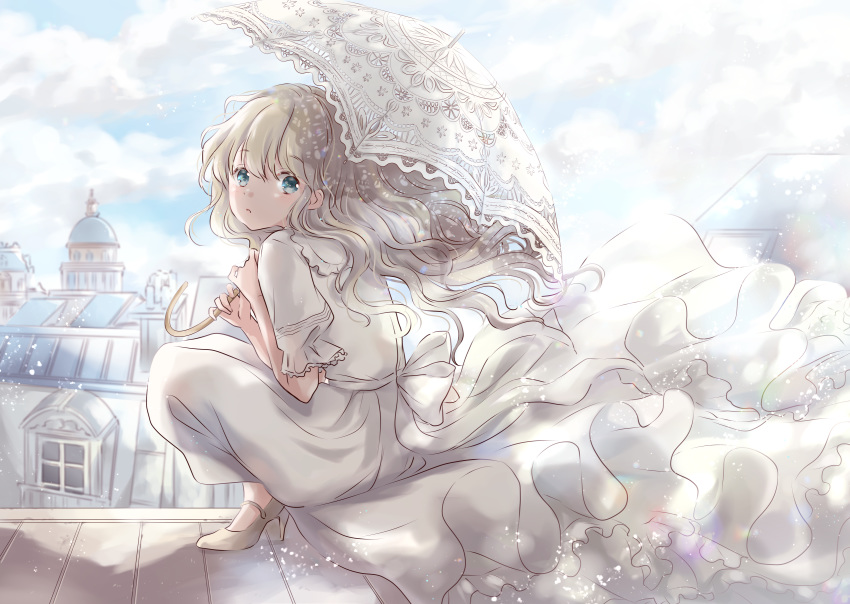 1girl :o architecture blonde_hair blue_eyes blue_sky city cloud commentary_request day dome dress eyebrows_visible_through_hair hair_between_eyes hair_blowing high_heels highres holding holding_umbrella hoshiibara_mato light_particles long_hair looking_at_viewer on_roof original parasol petticoat rooftop short_sleeves sky squatting umbrella very_long_hair white_dress white_footwear wind wind_lift