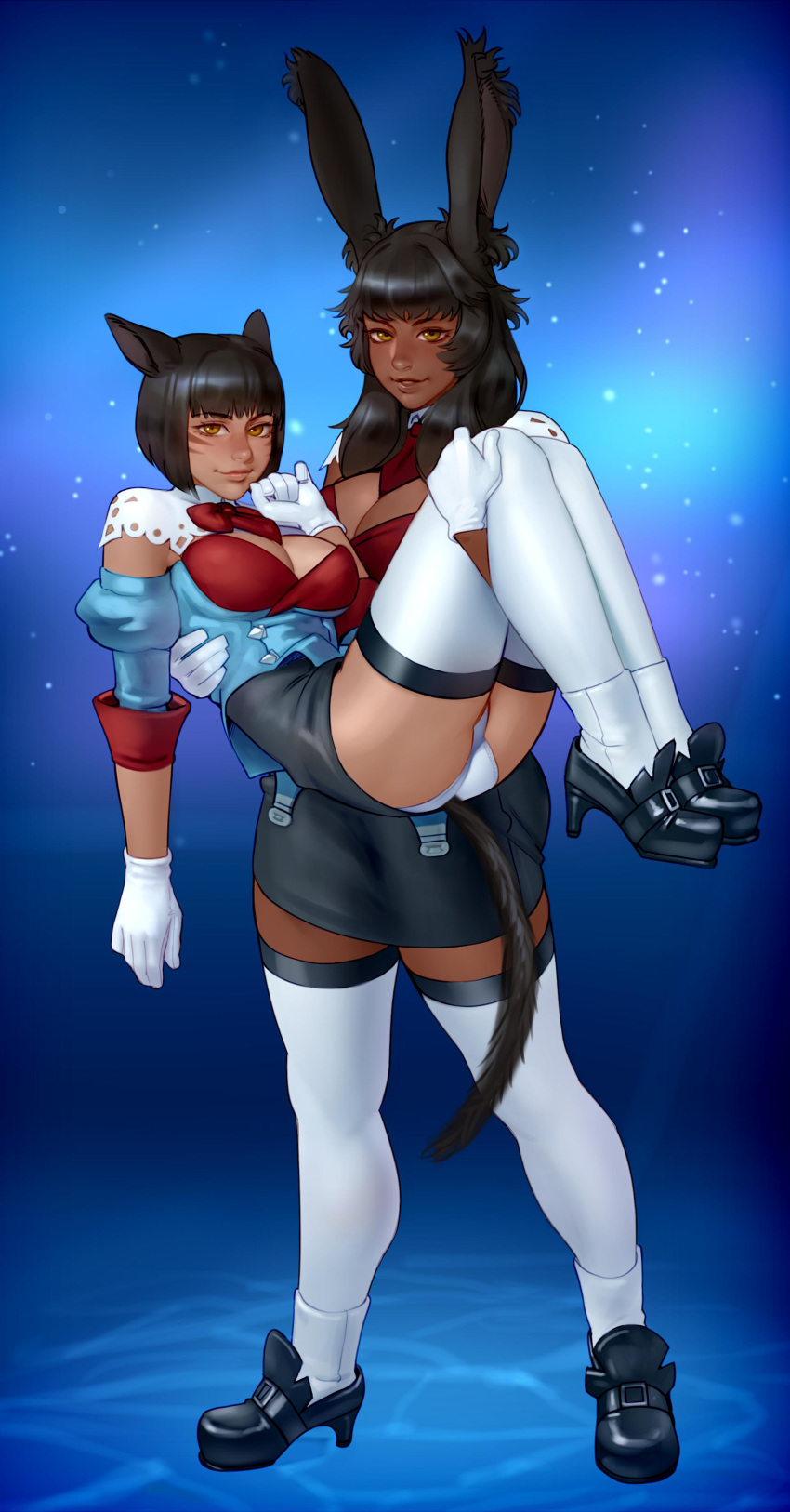 2girls absurdres animal_ears ankle_boots bangs between_breasts black_hair black_skirt blue_background bob_cut boots bow bowtie breasts brown_eyes bunny_ears capelet carrying cat_ears cat_tail cleavage commission dark_skin detached_sleeves final_fantasy final_fantasy_xiv full_body gloves high-waist_skirt high_heel_boots high_heels highres kairuhentai large_breasts legs_together lips medium_breasts medium_hair miqo'te multiple_girls necktie necktie_between_breasts nose panties princess_carry puffy_sleeves red_neckwear short_hair skirt socks socks_over_thighhighs standing tail thighhighs underwear viera whisker_markings white_gloves white_legwear white_panties yuri zettai_ryouiki