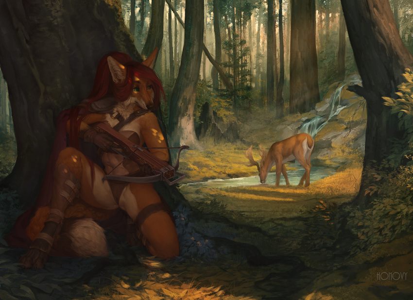 2018 4_toes 5_fingers absurd_res anthro breasts canid canine cervid clothed clothing crossbow day detailed_background digital_media_(artwork) female fingers forest fox grass green_eyes hair hi_res holding_crossbow holding_object holding_weapon honovy hunter hunting mammal outside ranged_weapon red_hair toes tree weapon